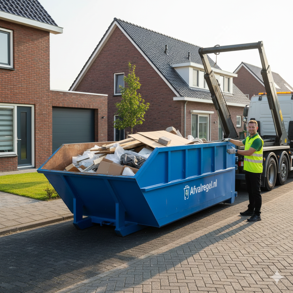 6m3 container gevuld met sloopafval met medewerker met portaalwagen