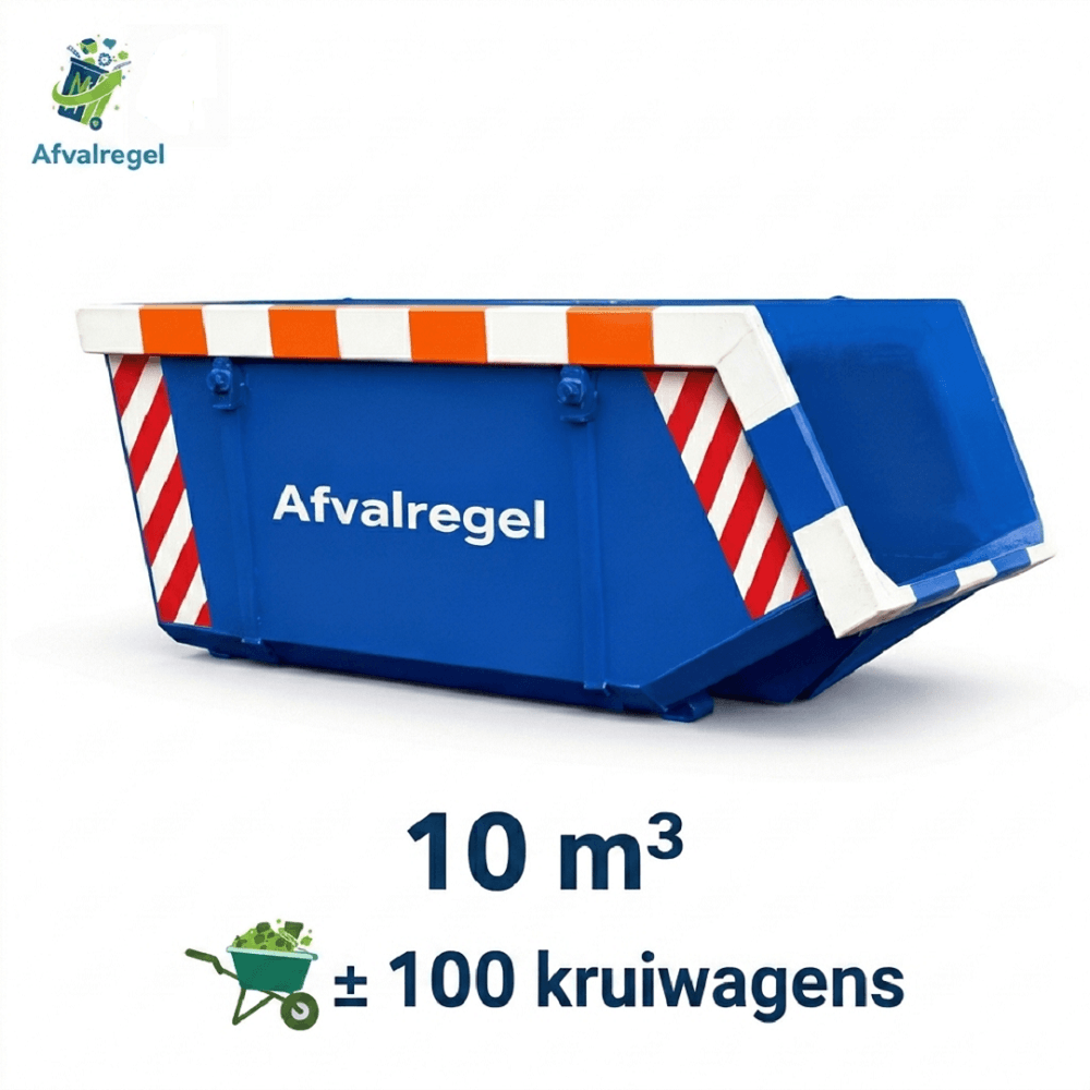 Blauwe afval afzetcontainer van 10m³ inhoud met de melding dat hier 100 kruiwagens in kunnen, met logo Afvalregel