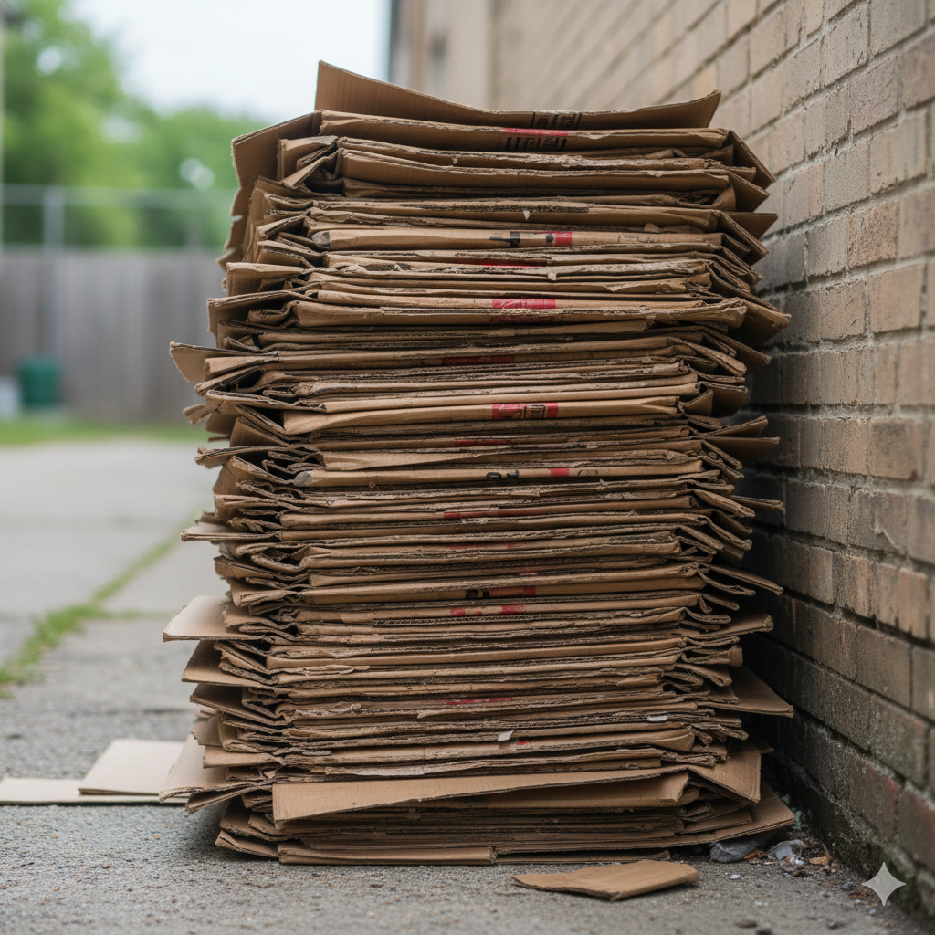 Een stapel plat gevouwen gebruikte dozen op de stoep naast een bakstenen muur