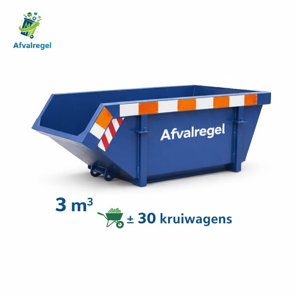 Blauwe afval afzetcontainer van 3m³ inhoud met de melding dat hier 30 kruiwagens in kunnen, met logo Afvalregel