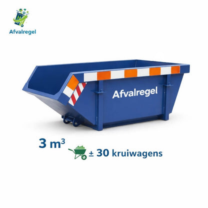 Blauwe afval afzetcontainer van 3m³ inhoud met de melding dat hier 30 kruiwagens in kunnen, met logo Afvalregel