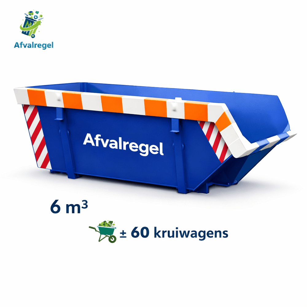 Blauwe afval afzetcontainer van 6m³ inhoud met de melding dat hier 60 kruiwagens in kunnen, met logo Afvalregel