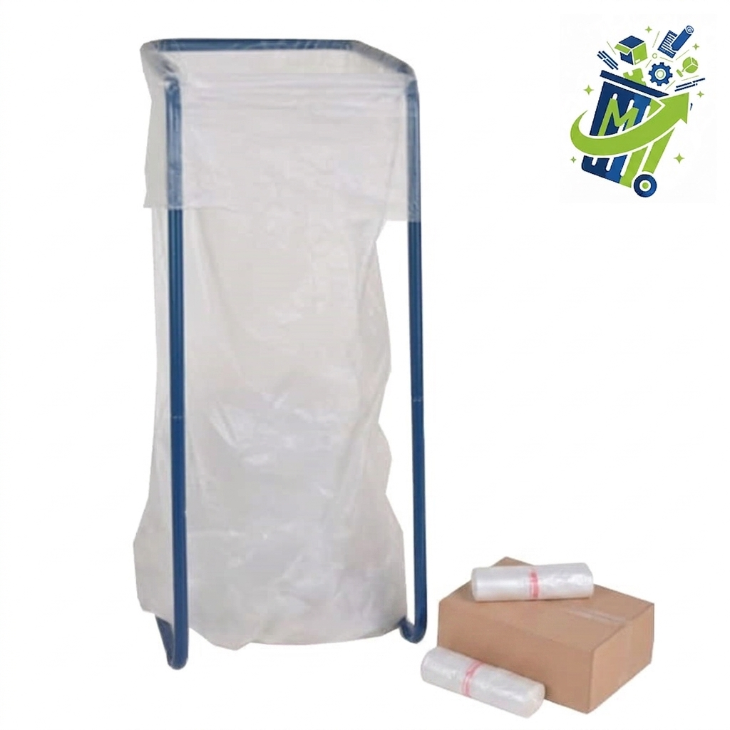 Blauwe foliezakhouder met zak en doos met rollen en logo afvalregel