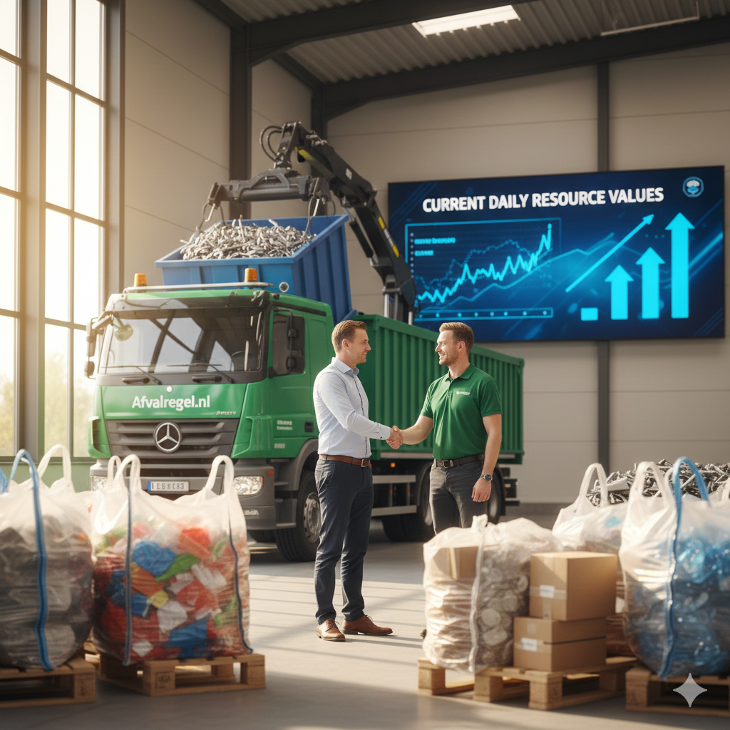 Hal met vrachtwagen afvalregel laden oud ijzer met een bak en verschillende pallets recyclebare kunststoffen.