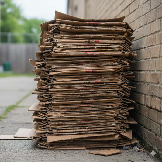Een stapel plat gevouwen gebruikte dozen op de stoep naast een bakstenen muur