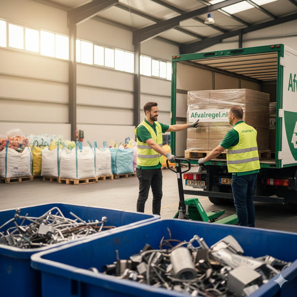 Laden van pallet met karton en 2 stuks palletboxen van kunststof met oude metalen.