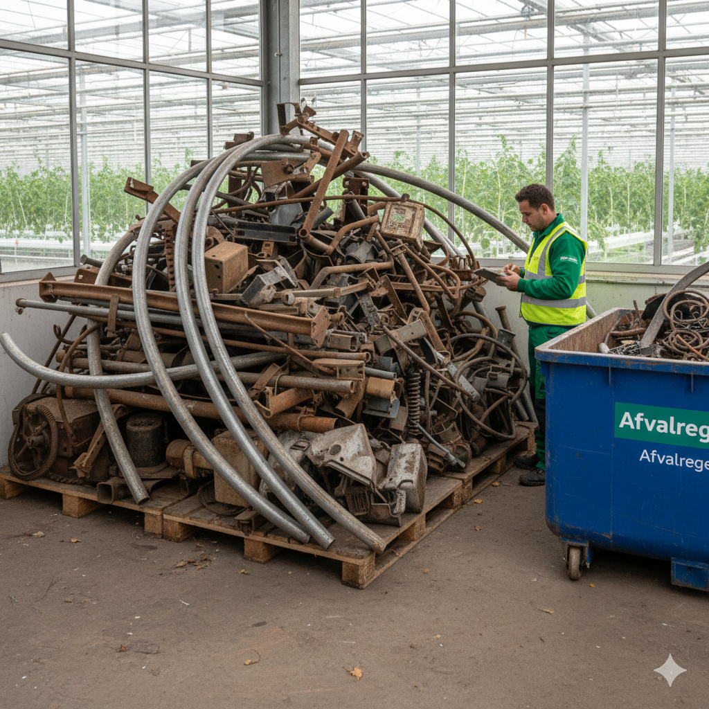 Pallets in schuur tuinbouwbedrijf met oude metalen.