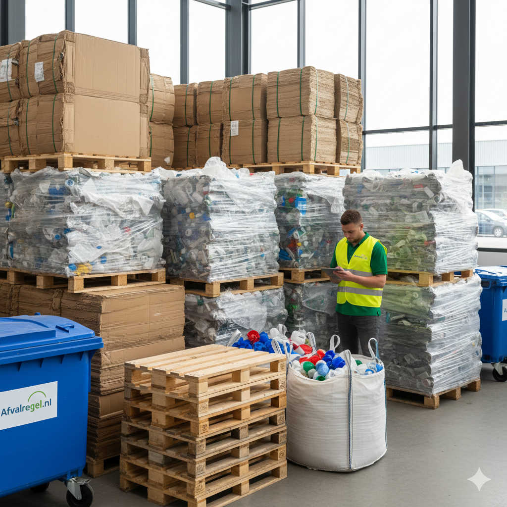 Loods met pallet met recyclebare afvalstoffen zoals karton en kunststoffen.