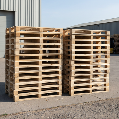 Kleine stapels pallets op bedrijfserf klaar voor ophaling