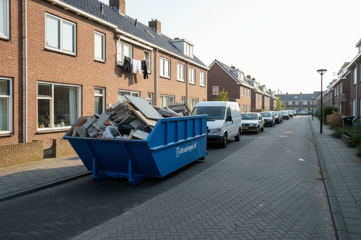 Blauwe container in oudere Nederlandse woonwijk