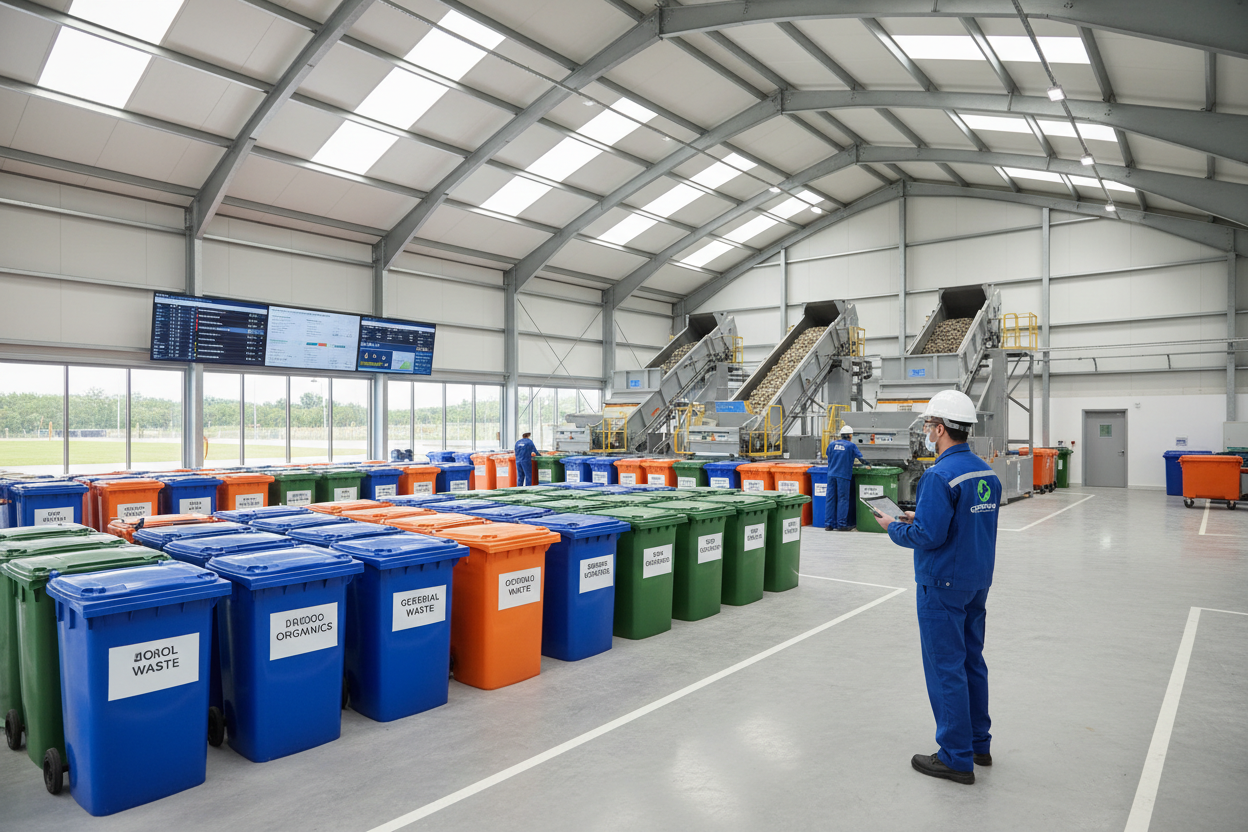 Loods met gekleurde 240liter rolcontainers