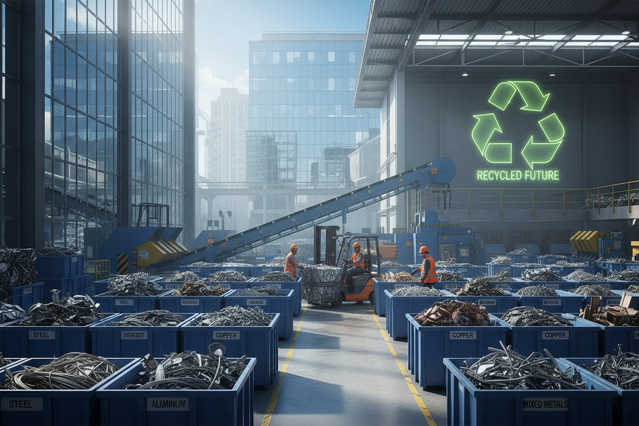 Stadsaangezicht gevuld met blauwe bakken met soorten afval en recycle logo op een gebouw