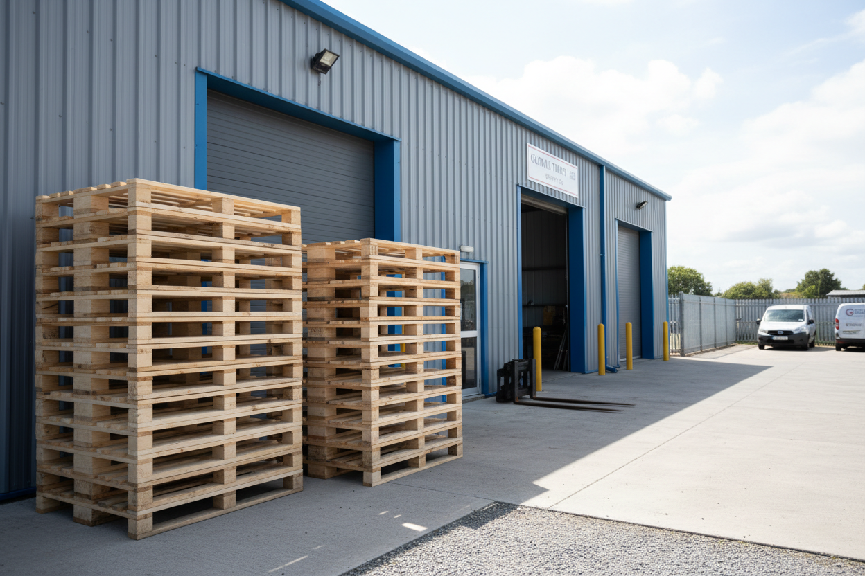 Kleine stapels pallets op bedrijfserf klaar voor ophaling