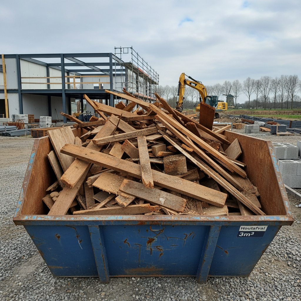 Benne de chantier remplie de planches, poutres et chutes de bois