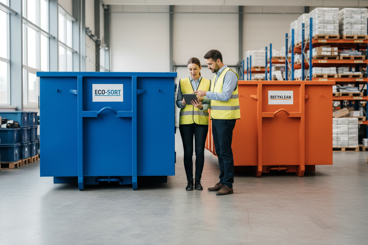 Overleg op de werkvloer met  grote containers en palletstellingen.