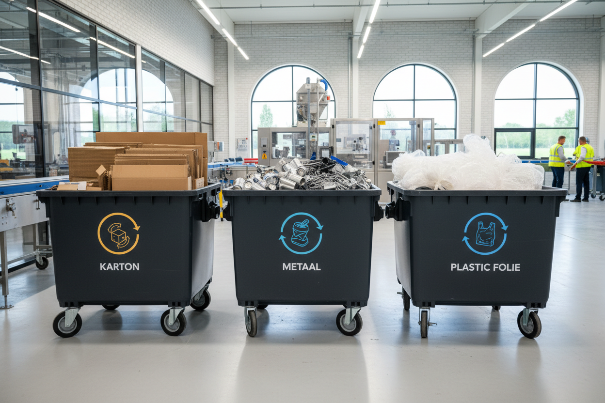 Grijze 1100 liter rolcontainers. Karton en metaal en plastic folie